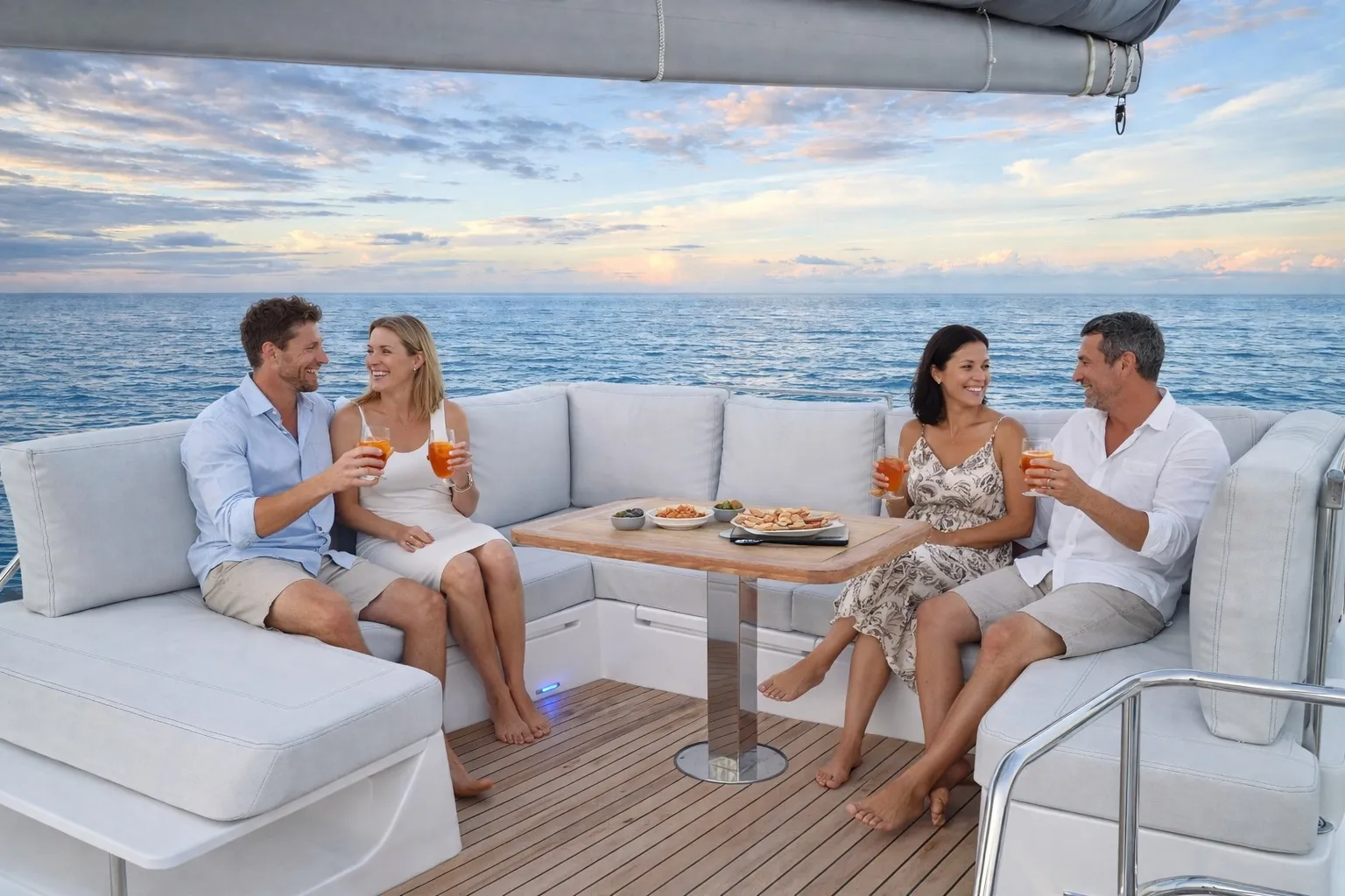 Four people with drinks on the flybridge lounge at sunset
